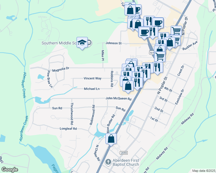 map of restaurants, bars, coffee shops, grocery stores, and more near 106 Michael Lane in Aberdeen