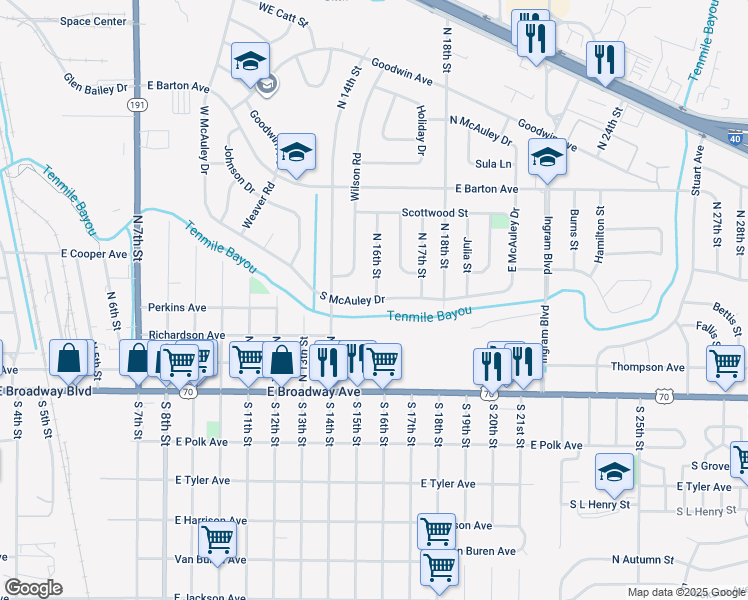 map of restaurants, bars, coffee shops, grocery stores, and more near 1505 South McAuley Drive in West Memphis
