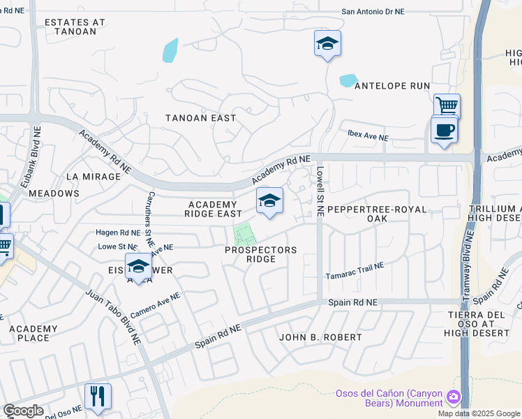 map of restaurants, bars, coffee shops, grocery stores, and more near 11400 Academy Ridge Road Northeast in Albuquerque