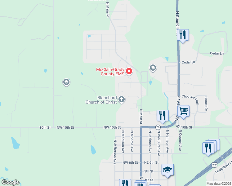 map of restaurants, bars, coffee shops, grocery stores, and more near 1405 Cherokee Lane in Blanchard