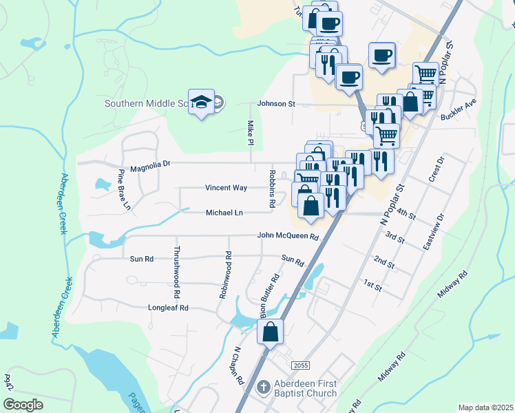 map of restaurants, bars, coffee shops, grocery stores, and more near 110 Michael Lane in Aberdeen