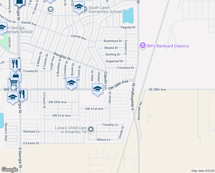 map of restaurants, bars, coffee shops, grocery stores, and more near 5353 Capulin Lane in Amarillo