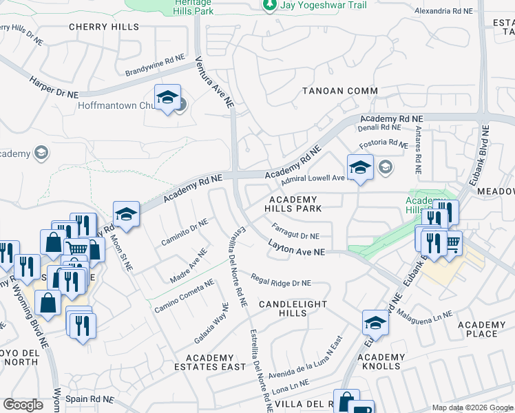 map of restaurants, bars, coffee shops, grocery stores, and more near 9204 Admiral Lowell Avenue Northeast in Albuquerque
