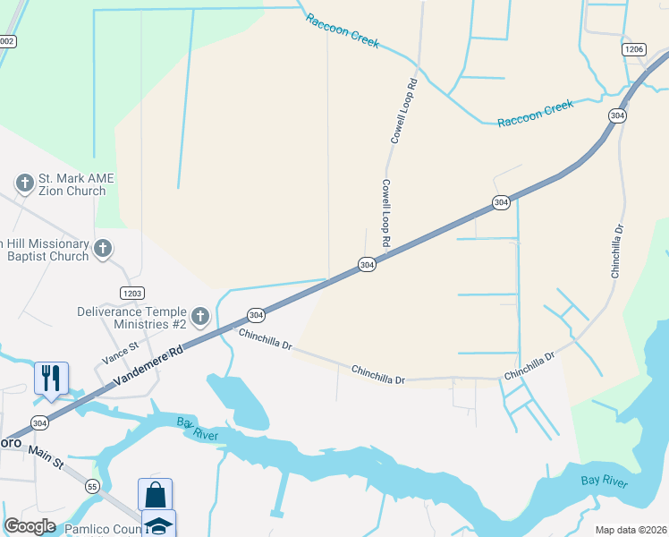map of restaurants, bars, coffee shops, grocery stores, and more near 1035-1097 Highway 304 in Bayboro