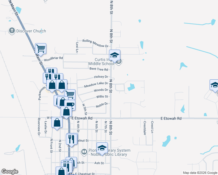 map of restaurants, bars, coffee shops, grocery stores, and more near 703 Woods Drive in Noble