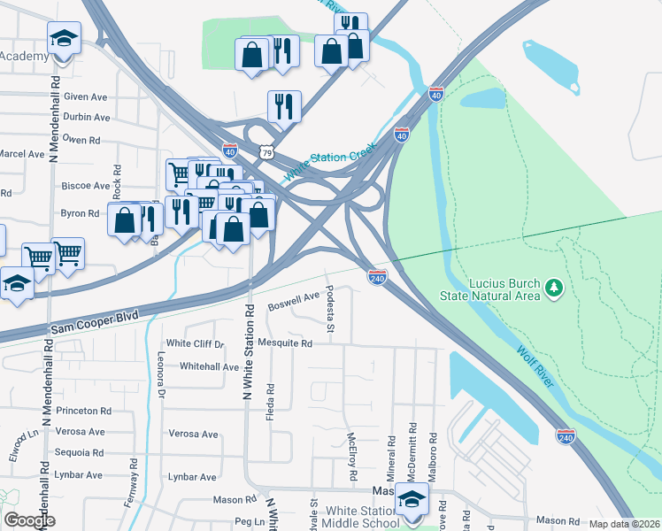 map of restaurants, bars, coffee shops, grocery stores, and more near 5335 Boswell Avenue in Memphis