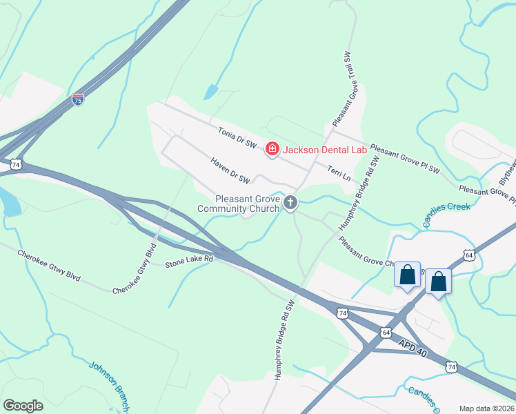 map of restaurants, bars, coffee shops, grocery stores, and more near 3102 Pleasant Grove Church Road Southwest in McDonald