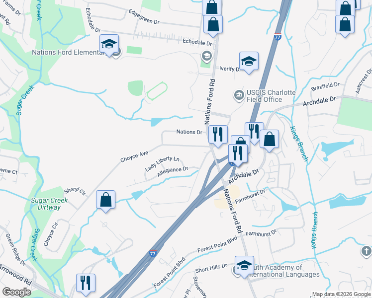 map of restaurants, bars, coffee shops, grocery stores, and more near 1053 Choyce Avenue in Charlotte