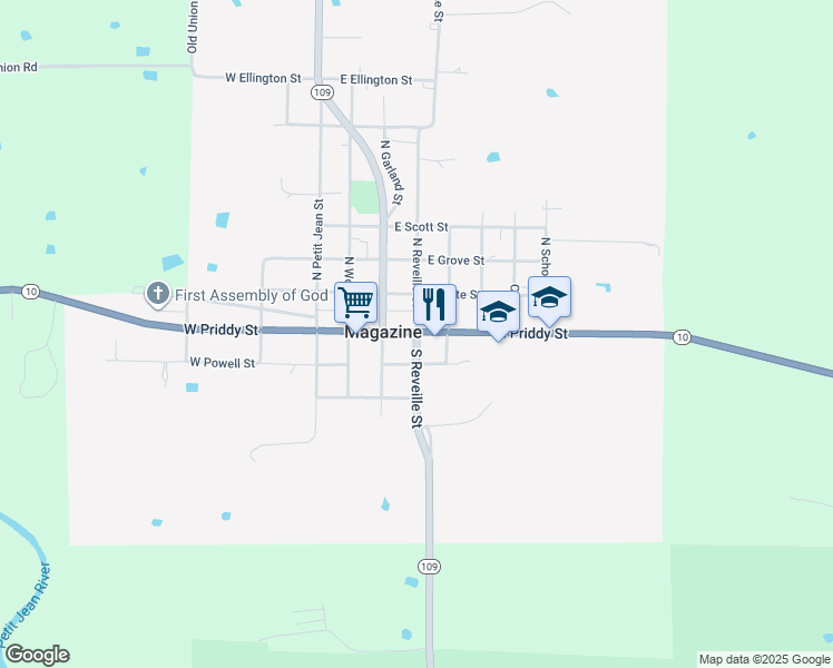 map of restaurants, bars, coffee shops, grocery stores, and more near 9 South Reveille Street in Magazine