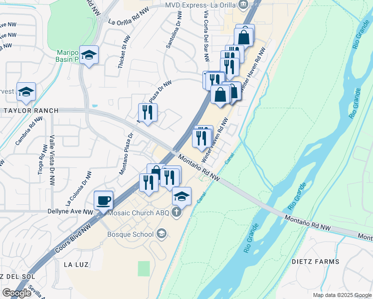 map of restaurants, bars, coffee shops, grocery stores, and more near 6010 Coors Boulevard Northwest in Albuquerque