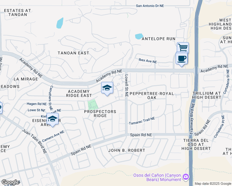 map of restaurants, bars, coffee shops, grocery stores, and more near 11600 Academy Road Northeast in Albuquerque