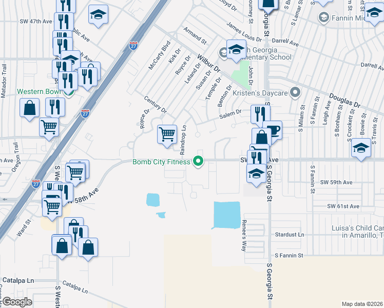 map of restaurants, bars, coffee shops, grocery stores, and more near 3150 Southwest 58th Avenue in Amarillo