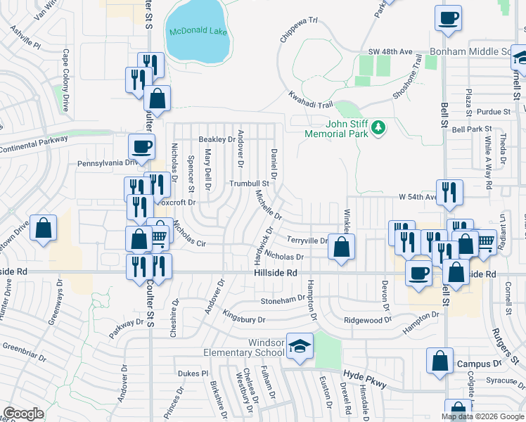 map of restaurants, bars, coffee shops, grocery stores, and more near 6717 Michelle Drive in Amarillo
