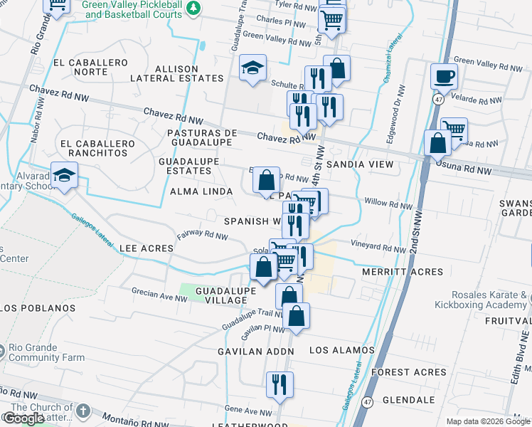 map of restaurants, bars, coffee shops, grocery stores, and more near in Albuquerque