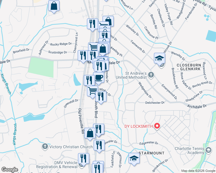 map of restaurants, bars, coffee shops, grocery stores, and more near 1420 Springwood Lane in Charlotte