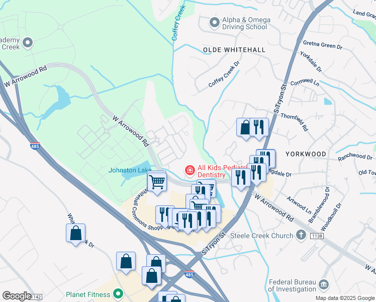 map of restaurants, bars, coffee shops, grocery stores, and more near 2660 West Arrowood Road in Charlotte