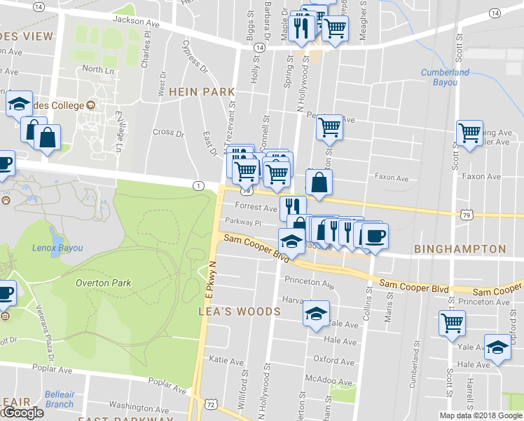 map of restaurants, bars, coffee shops, grocery stores, and more near 2406 Parkway Place in Memphis