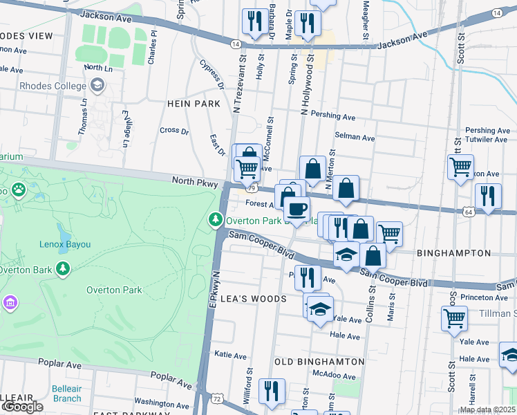 map of restaurants, bars, coffee shops, grocery stores, and more near 2406 Parkway Place in Memphis