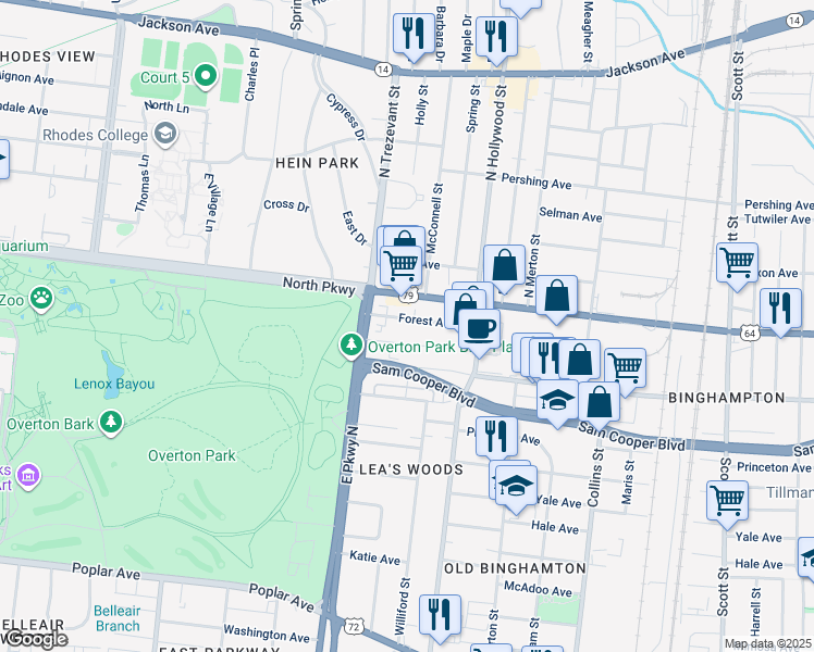 map of restaurants, bars, coffee shops, grocery stores, and more near 2360 Parkway Place in Memphis