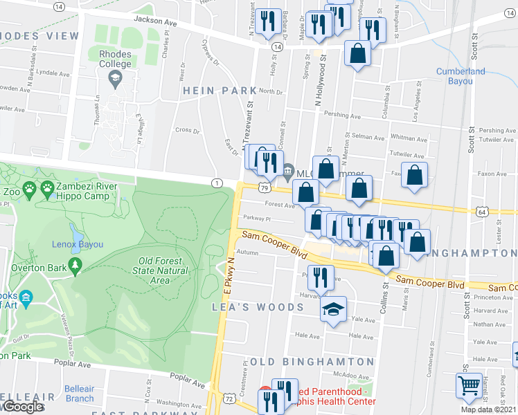 map of restaurants, bars, coffee shops, grocery stores, and more near 2342 Parkway Place in Memphis