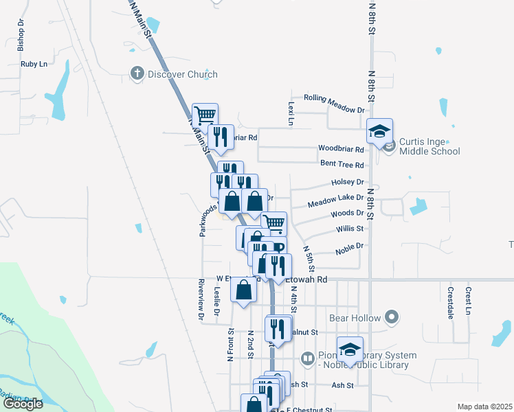 map of restaurants, bars, coffee shops, grocery stores, and more near 911 Aspen Court in Noble