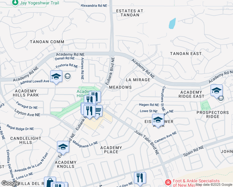map of restaurants, bars, coffee shops, grocery stores, and more near 6 Rolling Hills Road Northeast in Albuquerque