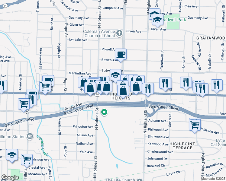 map of restaurants, bars, coffee shops, grocery stores, and more near 3362 Summer Avenue in Memphis