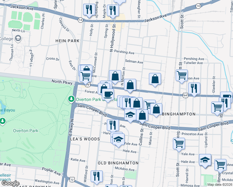 map of restaurants, bars, coffee shops, grocery stores, and more near 2505 Summer Avenue in Memphis