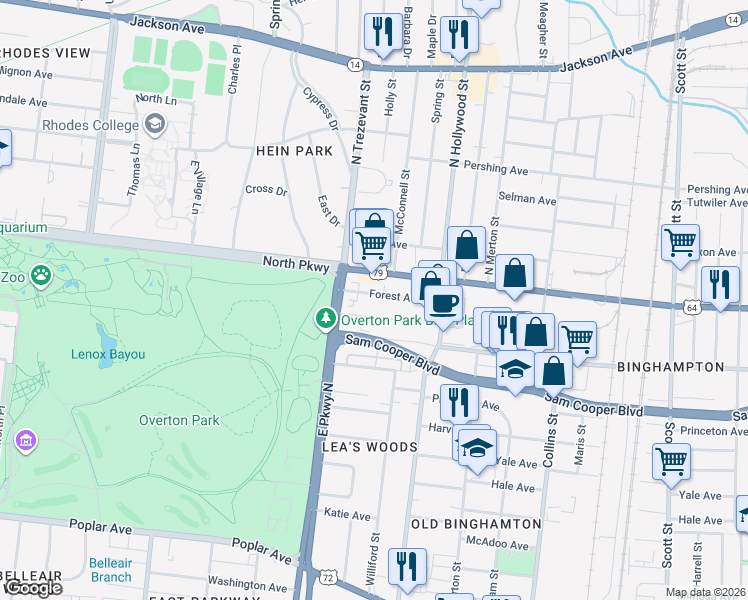 map of restaurants, bars, coffee shops, grocery stores, and more near 2360 Parkway Place in Memphis
