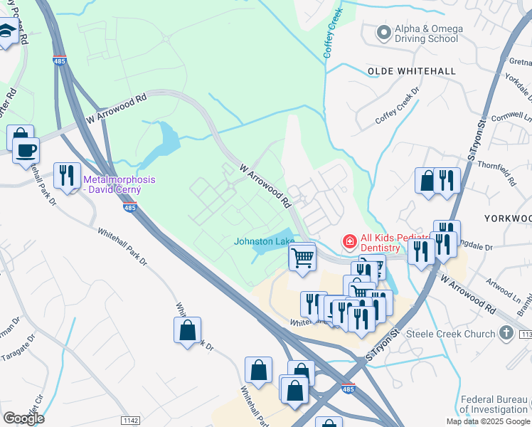 map of restaurants, bars, coffee shops, grocery stores, and more near 7407 Dominion Park Lane in Charlotte