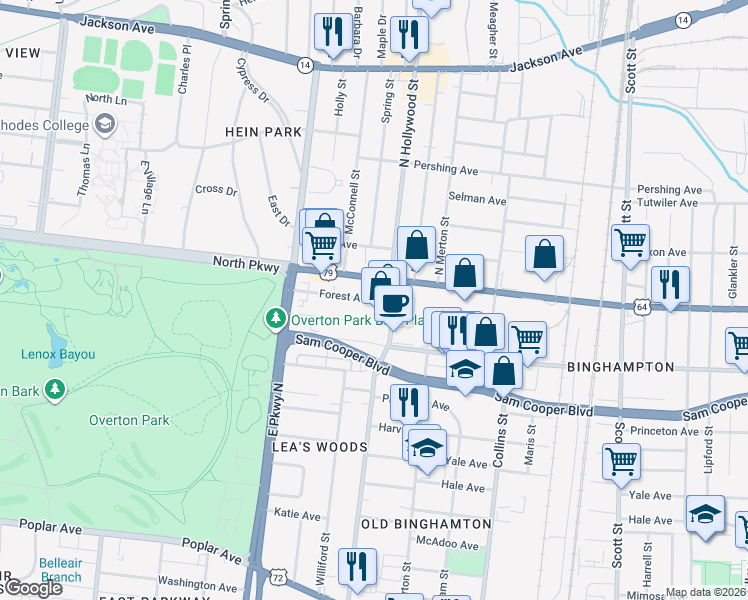 map of restaurants, bars, coffee shops, grocery stores, and more near 2432 Forrest Avenue in Memphis