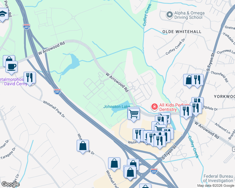 map of restaurants, bars, coffee shops, grocery stores, and more near 7407 Dominion Park Lane in Charlotte