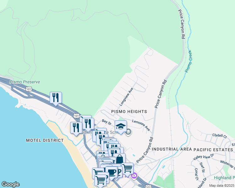 map of restaurants, bars, coffee shops, grocery stores, and more near 961 Bakersfield Street in Pismo Beach