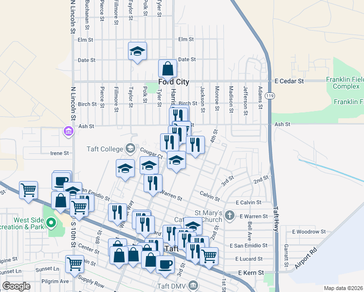 map of restaurants, bars, coffee shops, grocery stores, and more near 521 Finley Drive in Taft