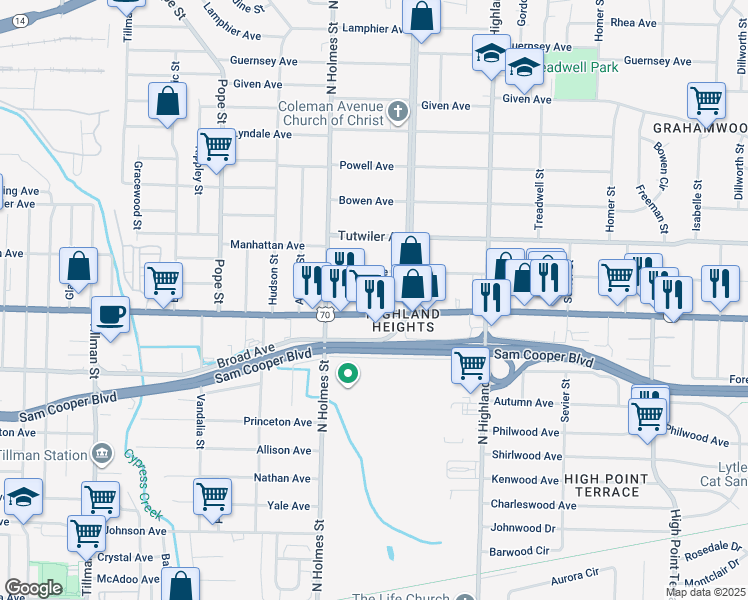 map of restaurants, bars, coffee shops, grocery stores, and more near 3362 Summer Avenue in Memphis
