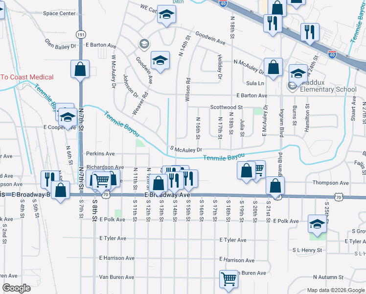 map of restaurants, bars, coffee shops, grocery stores, and more near 1505 South McAuley Drive in West Memphis