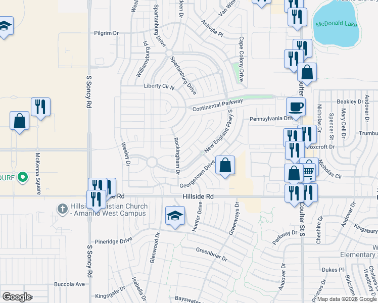 map of restaurants, bars, coffee shops, grocery stores, and more near 7409 New England Parkway in Amarillo