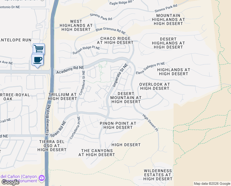 map of restaurants, bars, coffee shops, grocery stores, and more near 13227 Silver Peak Place Northeast in Albuquerque