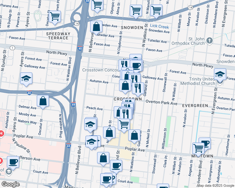 map of restaurants, bars, coffee shops, grocery stores, and more near 1317 Overton Park Avenue in Memphis