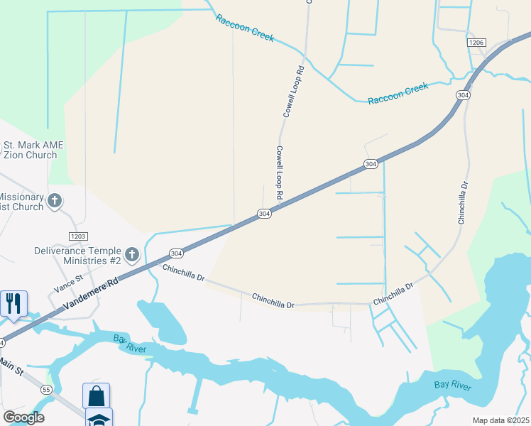 map of restaurants, bars, coffee shops, grocery stores, and more near 38 North Carolina 304 in Bayboro