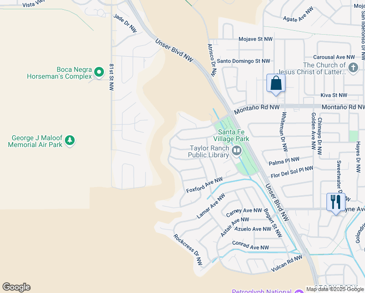 map of restaurants, bars, coffee shops, grocery stores, and more near 7301 Keel Avenue Northwest in Albuquerque