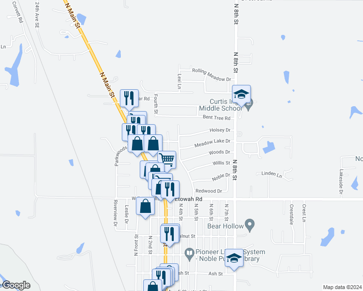map of restaurants, bars, coffee shops, grocery stores, and more near 1003 North 5th Street in Noble