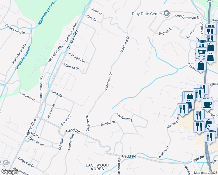 map of restaurants, bars, coffee shops, grocery stores, and more near 5530 Crestview Drive in Chattanooga