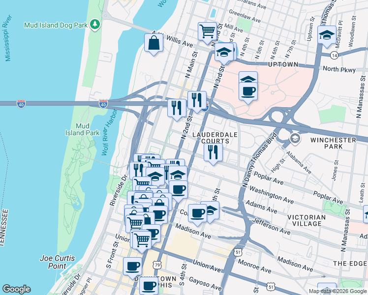 map of restaurants, bars, coffee shops, grocery stores, and more near 204 North 2nd Street in Memphis