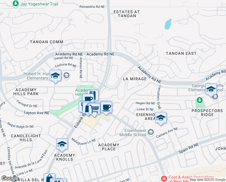 map of restaurants, bars, coffee shops, grocery stores, and more near 6 Rolling Hills Road Northeast in Albuquerque