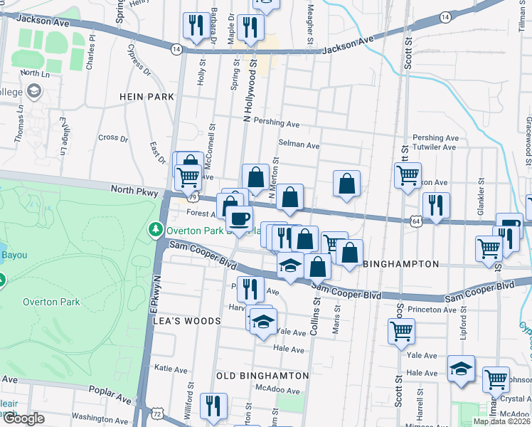 map of restaurants, bars, coffee shops, grocery stores, and more near 2505 Summer Avenue in Memphis
