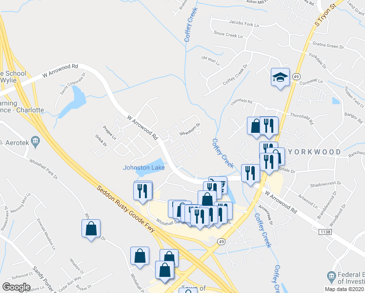 map of restaurants, bars, coffee shops, grocery stores, and more near 7617 Red Mulberry Way in Charlotte