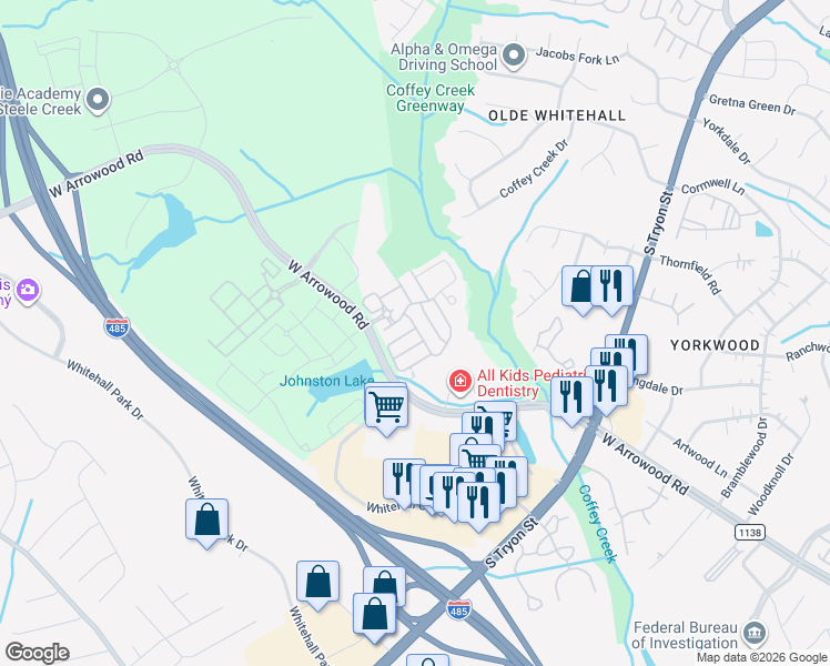 map of restaurants, bars, coffee shops, grocery stores, and more near 7617 Red Mulberry Way in Charlotte