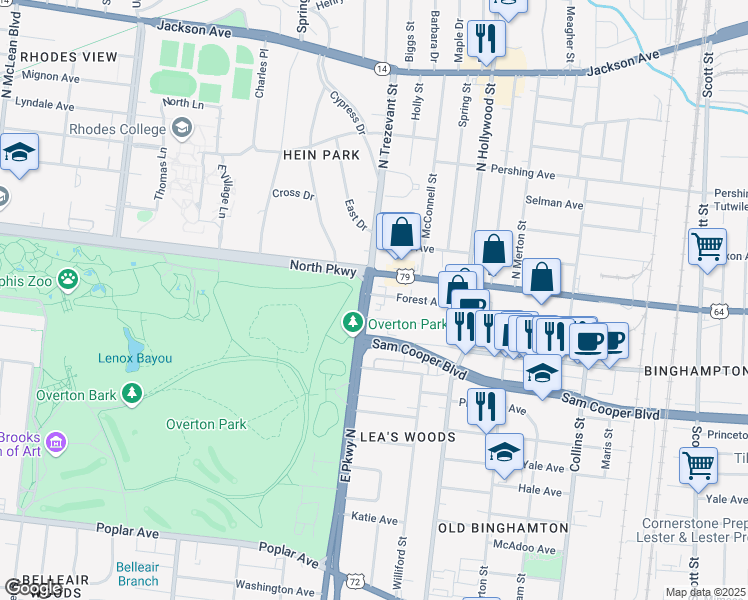 map of restaurants, bars, coffee shops, grocery stores, and more near 518 East Parkway North in Memphis
