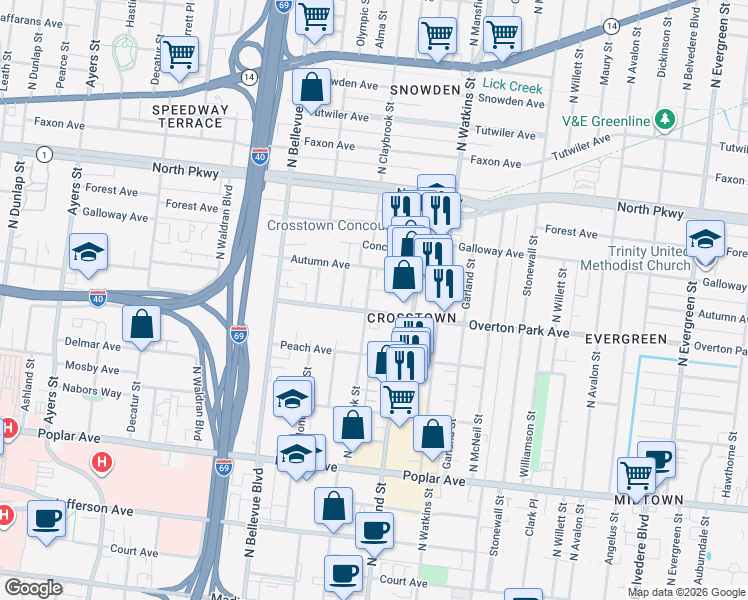 map of restaurants, bars, coffee shops, grocery stores, and more near 1317 Overton Park Avenue in Memphis